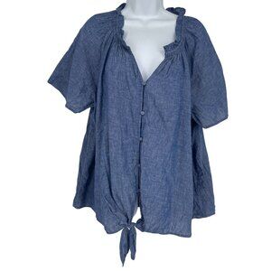 Lane Bryant Womens Blue Chambray Button-Front Tie-Hem Blouse Size 16